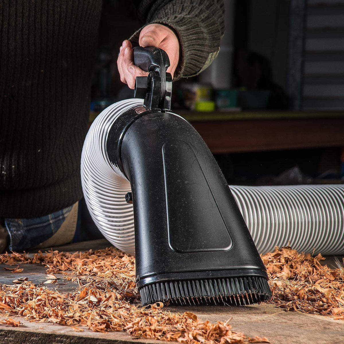 Sherwood 4in Vacuum Head Dust Extraction Adapter in use on dust extraction hose