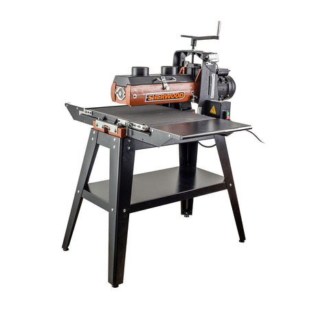 Sherwood 16in Drum Sander with Open Stand in action, showcasing its sleek design and powerful performance