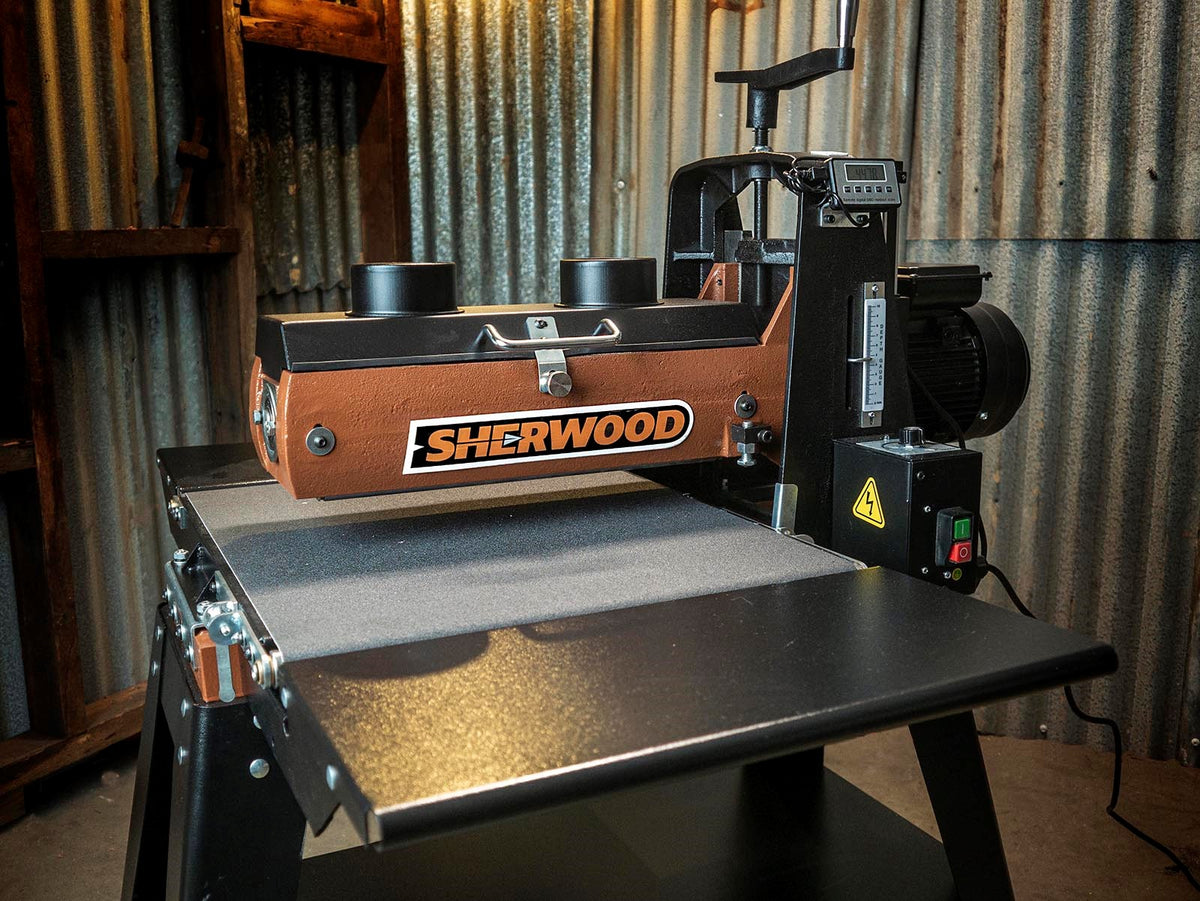 Sherwood 16in Drum Sander with Open Stand in woodworking workshop setting