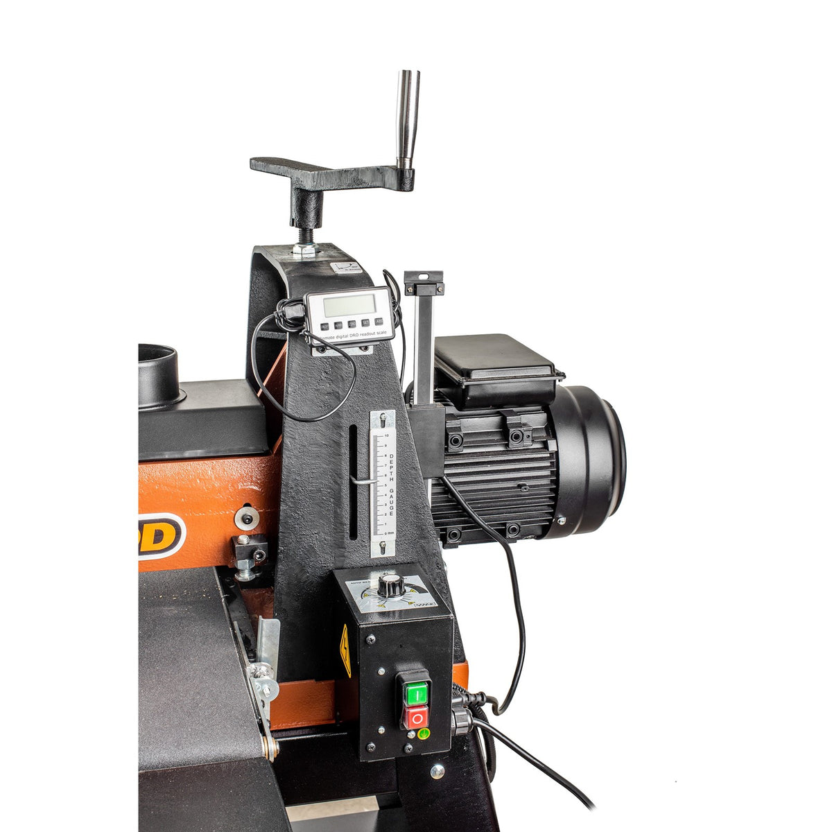 Sherwood 16in Drum Sander with Open Stand - Side view showing adjustable height and variable speed controls