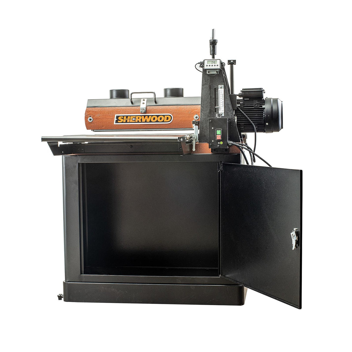 Sherwood 20in Drum Sander with Cabinet Stand, side view showing sturdy construction and professional design