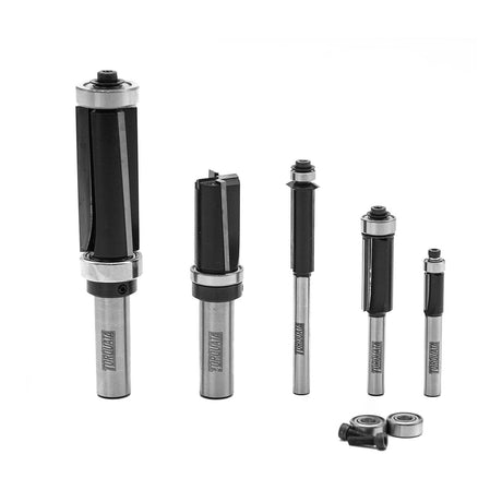 Torquata Set of 5 Flush Trim Router Bits in Storage Box, various shank sizes, ideal for precise woodworking tasks