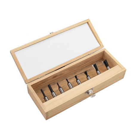 Torquata Set of 8 Dovetail Router Bits 1/2in Shank on white background