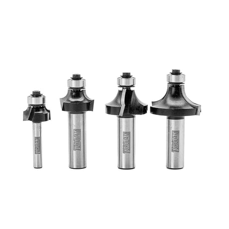 Torquata Set of 4 Roundover Router Bits in Mixed Shanks, ideal for rounding edges in woodworking projects