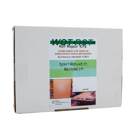 Bote-Cote Wot Rot Repair Kit demonstrating wood rot repair process