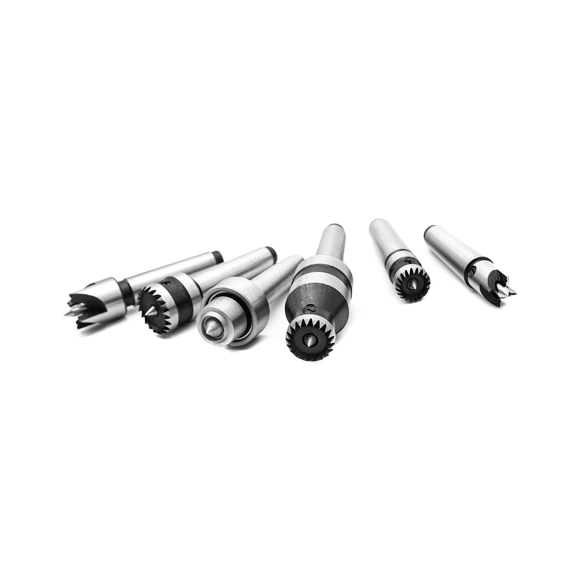 Set of 6 MT2 woodturning centres for wood lathes by Torquata, including various sizes and styles