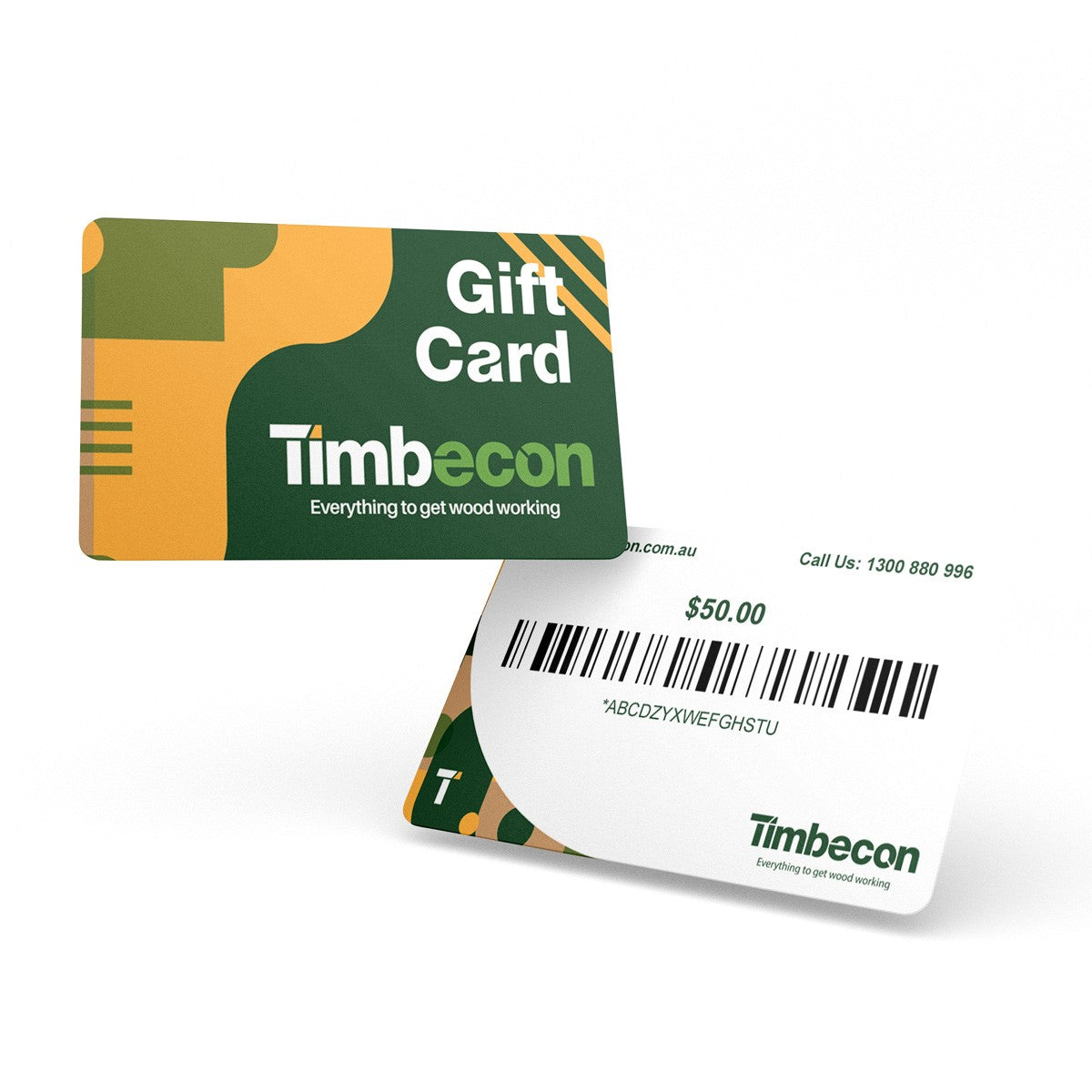 Timbecon $50 Gift Card voucher with woodworking tools background
