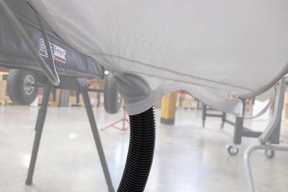 FastCap Saw Hoodie Dust Hood for Mitre saws in action capturing dust particles efficiently