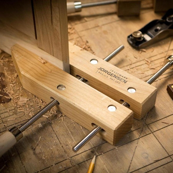Pony Jorgensen Set of 3 Classic Wooden Hand Screw Clamps 8in in use on woodworking project