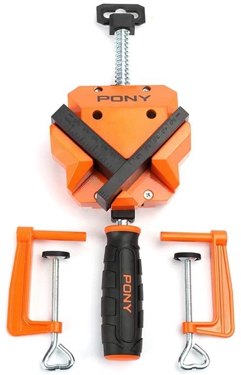 Pony Jorgensen Angle Clamp with Table Clamps, plastic-coated die-cast jaws, rear jaw swivels, ideal for framing and cabinets