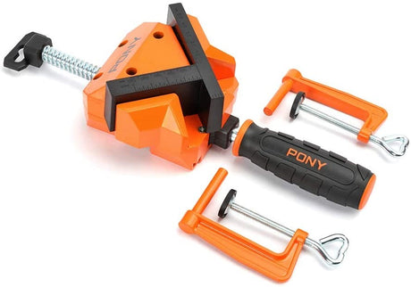 Pony Jorgensen Angle Clamp with Table Clamps, ideal for framing and cabinet assembly with plastic-coated die-cast jaws