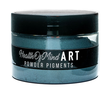 Health of Mind Art Deep Water Green 50g Pearlescent Mica Powder for Epoxy Resin in vibrant green shade on dark background