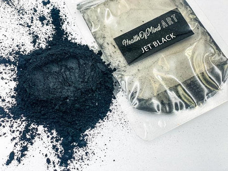 Health of Mind Art Jet Black Pearlescent Pigment Mica Powder for Epoxy Resin in 50g size, ideal for river tables and serving boards