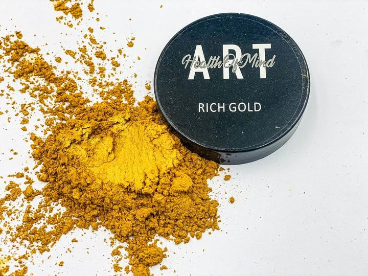 Health of Mind Art Rich Gold 50g Pearlescent Pigment Mica Powder for Epoxy Resin, showcasing its luminous gold hue