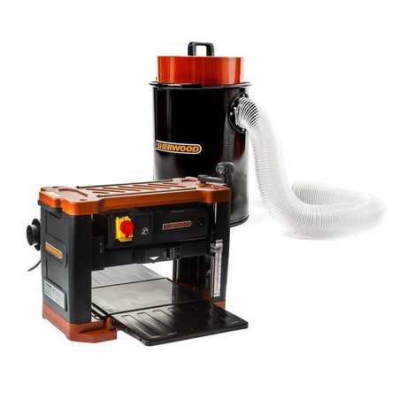 Sherwood 13in Deluxe Helical Cutterhead Thicknesser with DC-50 Dust Extractor combo in workshop setting
