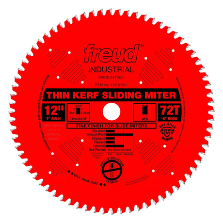 Freud 12in 72 Teeth Thin Kerf Sliding Compound Mitre Saw Blade - Superior finish cut for sliding compound mitre saws