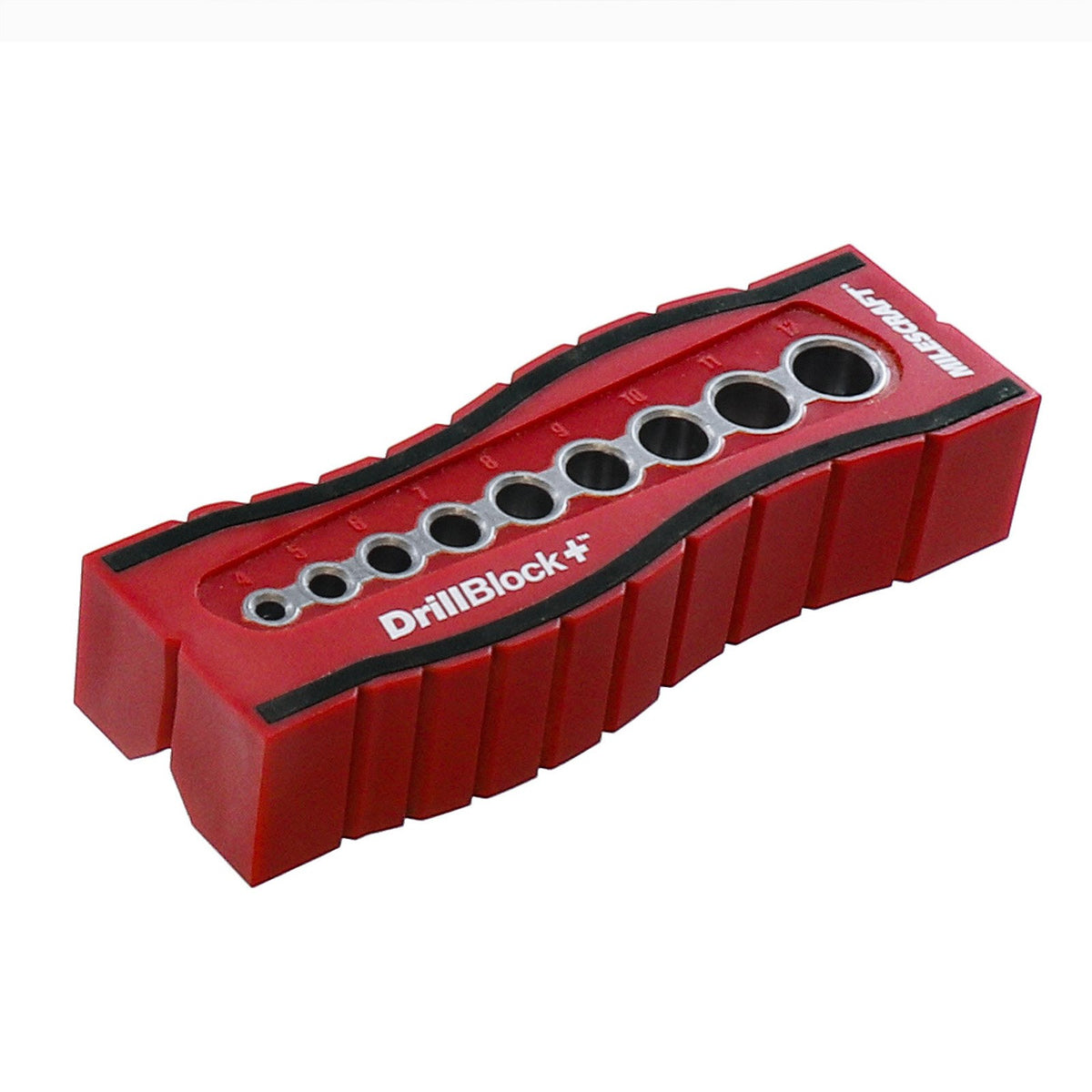 Milescraft DrillBlockPlus handheld drilling guide with 9 bushing holes on a white background