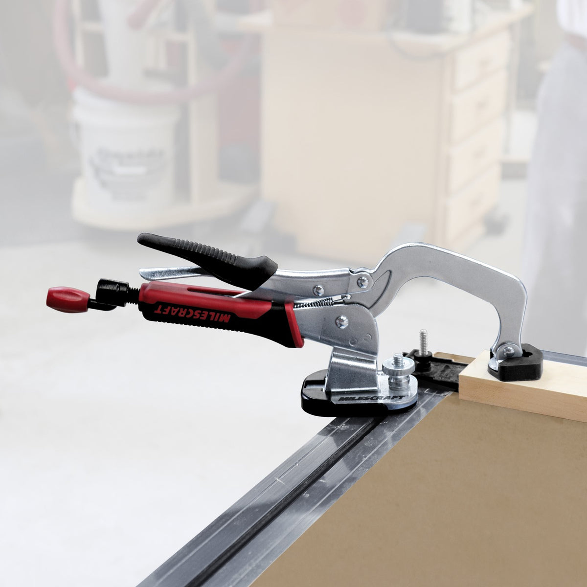 Milescraft TrackLock T-Track Clamp Base Kit - Side view showing compatibility with various bench clamps