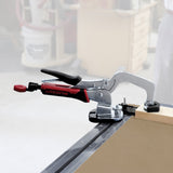 Milescraft TrackLock T-Track Clamp Base Kit - Side view showing compatibility with various bench clamps
