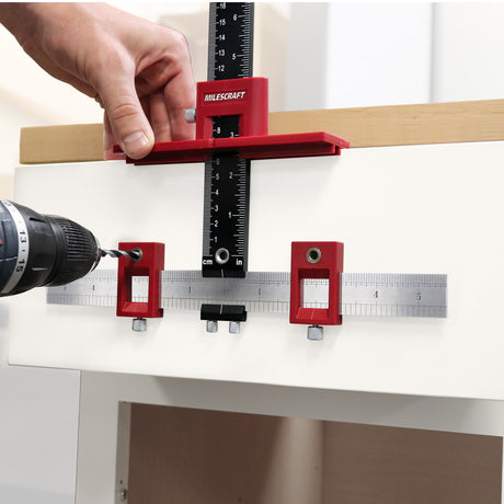 Milescraft Hardware Jig showing precise handle hole drilling in Australian woodworking tools store