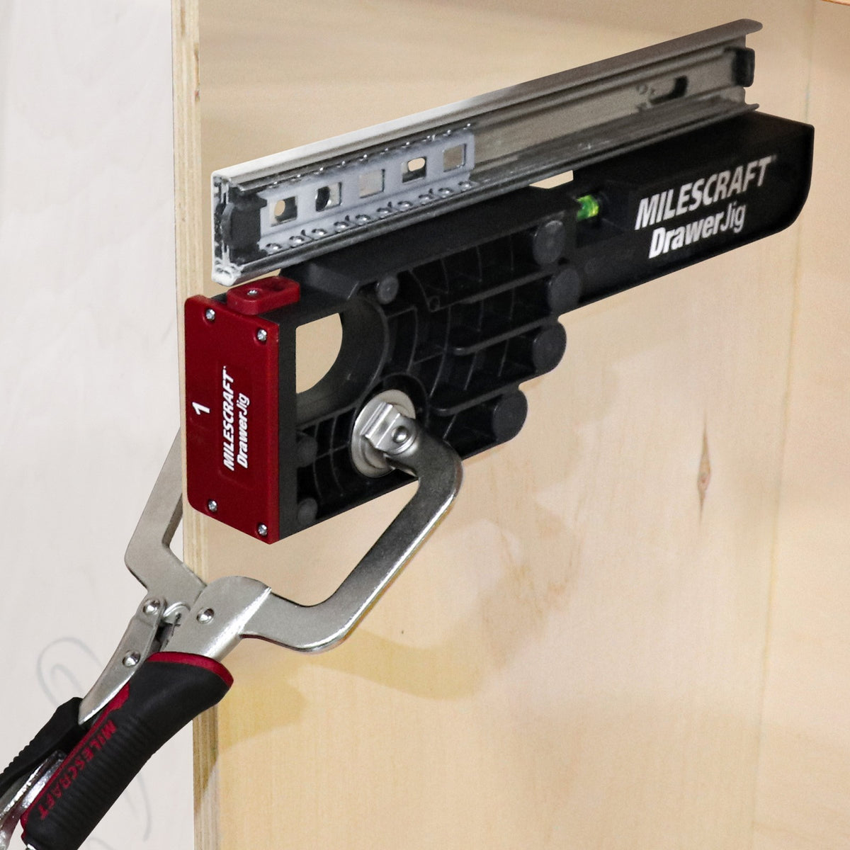 Milescraft DrawerJig metal drawer runner installation jig in use on woodworking project