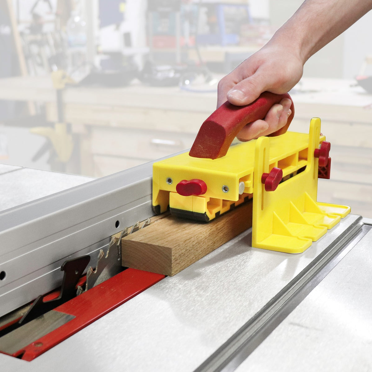 Milescraft GrabberPRO Push Block on table saw - adjustable, non-marring, woodworking safety solution
