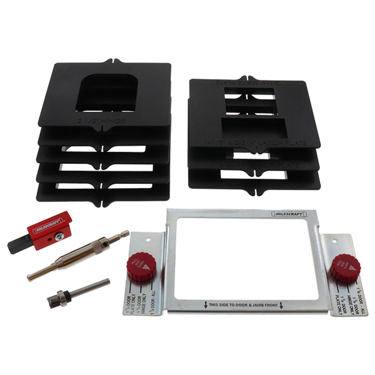 Milescraft HingeMate 350 template set for hinge, strike, and latch plate mortices on a wooden door