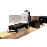 Zetsaw Japanese hand saw guide set for crosscutting and mitres in action on wood plank