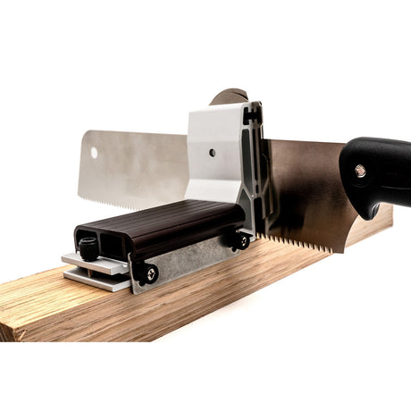 Zetsaw Japanese hand saw guide set for crosscutting and mitres in action on wood plank