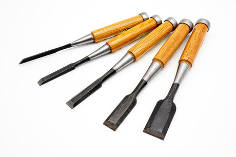 Ioroi Makers Set of 5 Oire Nomi Japanese Chisels for Wood Joinery, showing high-quality forge welded blade and hardwood handles