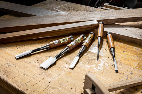 Ioroi Makers Set of 5 Oire Nomi Japanese Chisels, ideal for precise wood joinery with forge-welded blades and hardwood handles