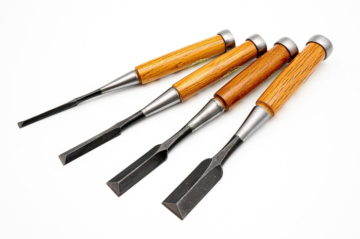 Ioroi Craftperson's Set of 4 Umeki Oire Nomi Japanese Chisels with forge welded blades and hardwood handles