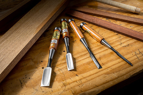 Ioroi Craftperson's Set of 4 Umeki Oire Nomi Japanese Chisels for Wood Joinery - High-quality Japanese chisels with ferrule/tang mounted handles