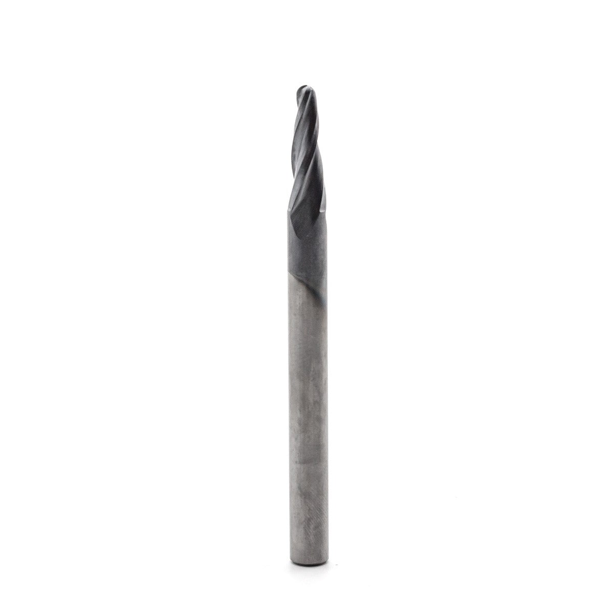 Torquata 1/4in Shank ZrN Coated Spiral Up Cut CNC Bit - Close-up view of 1/16in Radius Tapered Triple Flute