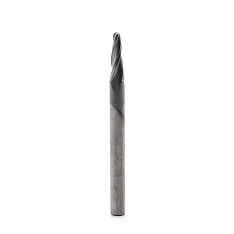 Torquata 1/4in Shank ZrN Coated Spiral Up Cut CNC Bit - Close-up view of 1/16in Radius Tapered Triple Flute