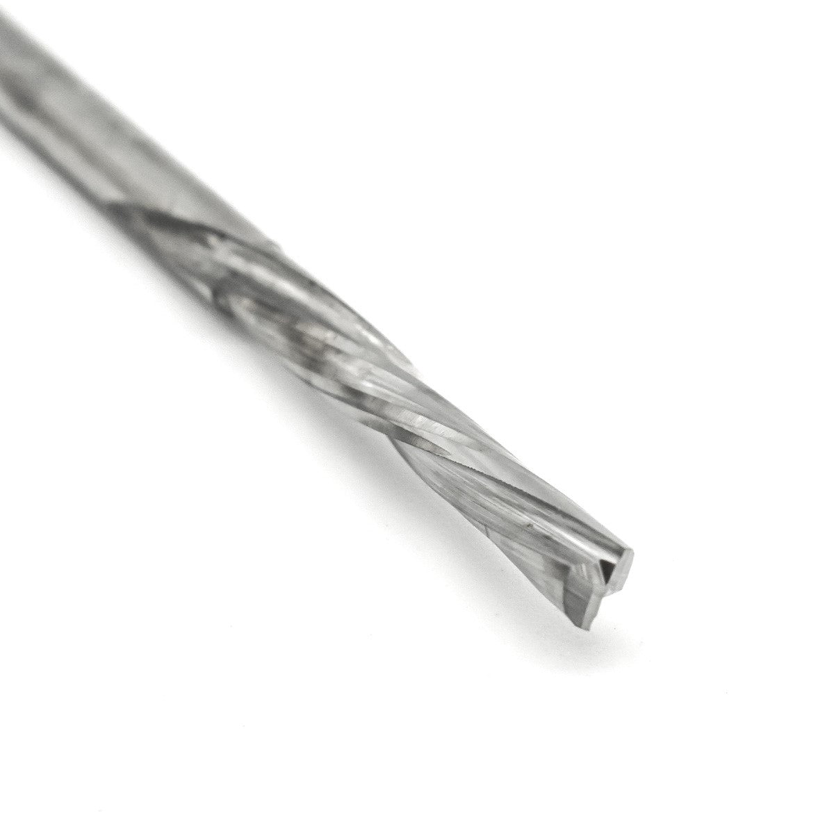 Torquata Twin-Flute Spiral Downcut CNC Router Bit 1/8in Shank in use on non-ferrous material