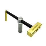 Torquata 19mm post horizontal bench dog clamp in use on woodworking bench