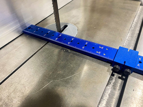 iGaging 3-in-1 Bandsaw Companion Alignment & Setup Tool showing detailed measurement markings and sliding stop