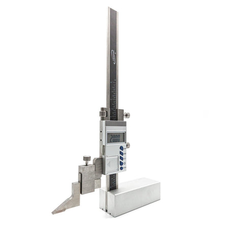 iGaging Digital Height Gauge with Adjustable Blade, magnetic base, and 152mm measuring capacity in action