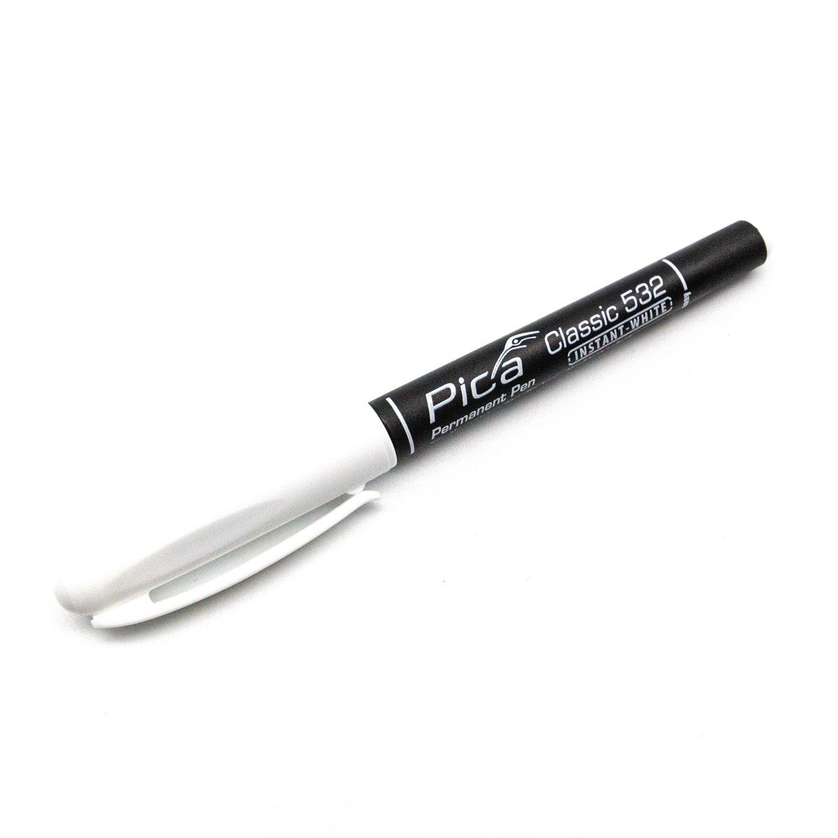 Pica Classic 532 Permanent White Pen 1-2mm Bullet Tip Water Resistant Ink on dark surface