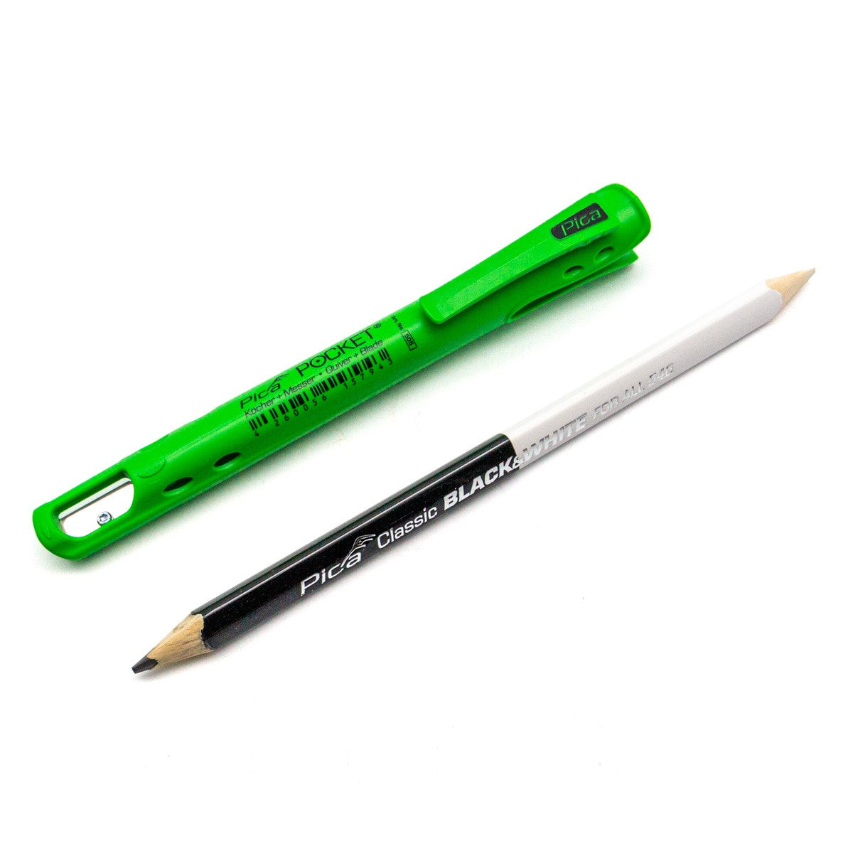 Pica Classic 546 Black & White Pencil and Pocket Quiver with Clip on wooden surface