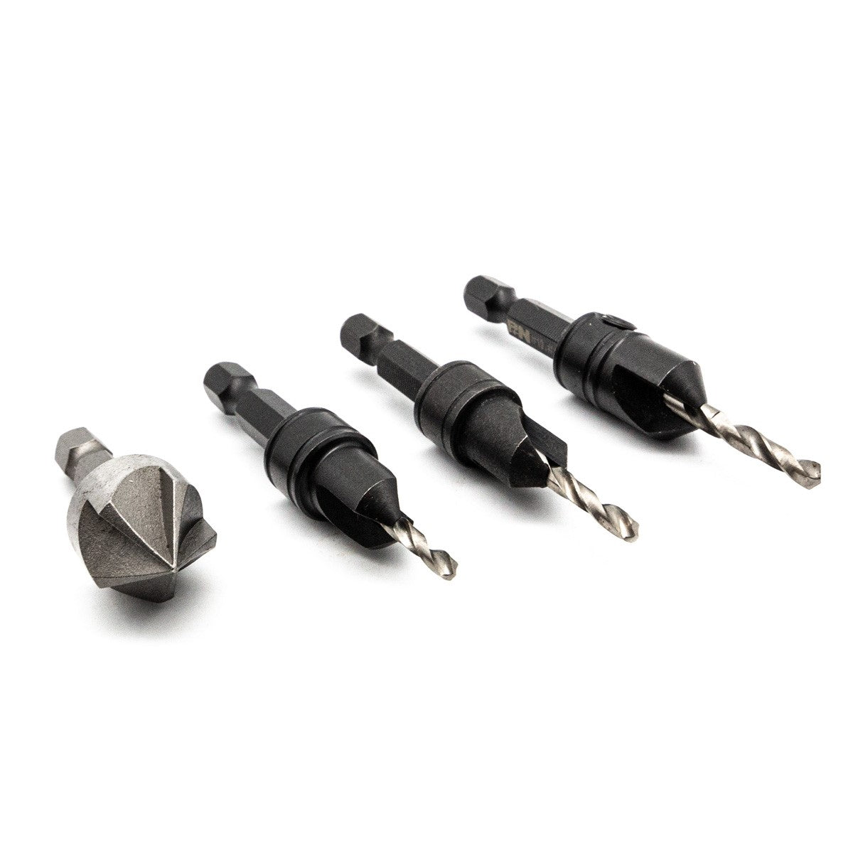 P & N Quickbit Drill Countersink Set, 1/4in Hex Shank - angled view of 4-piece set in use