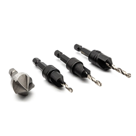 P & N Quickbit Drill Countersink Set, 1/4in Hex Shank - angled view of 4-piece set in use