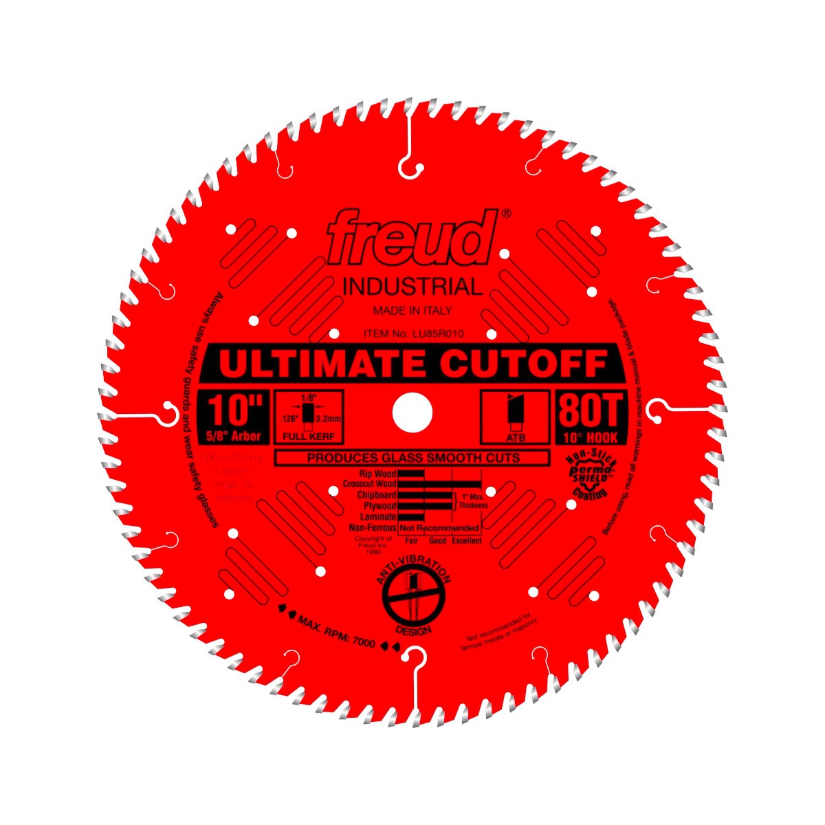 Freud Ultimate Cut Off Saw Blade 254mm Diameter 15.9mm Bore on woodworking table in action