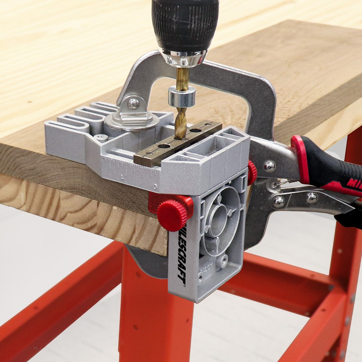 Milescraft JointMaster Dowelling Jig in use, creating precise woodworking joints