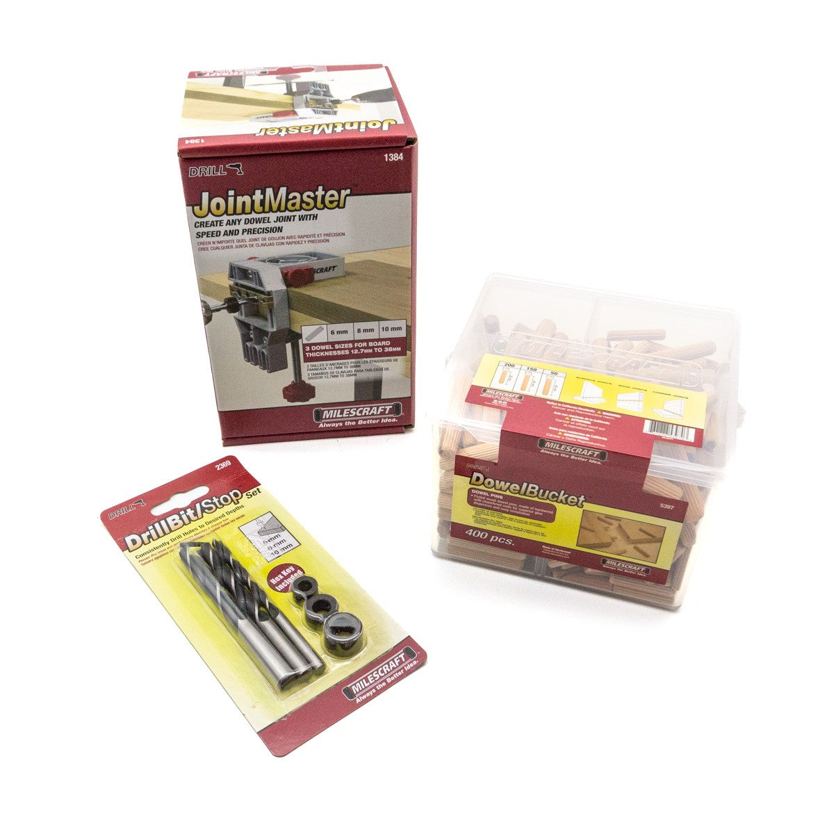 Milescraft JointMaster Dowelling Jig Set with Drill Blocks, Depth Stops & Dowels in action