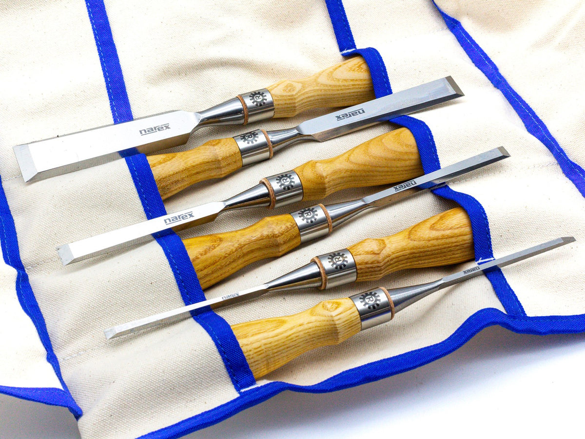 Narex 6 Cryogenic Steel Cabinet Chisels Bevel Edge in Canvas Roll close-up view