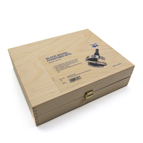 Fisch Black Shark Pro Set of 10 Forstner Bits in action on Hardwood, showcasing sharp precision