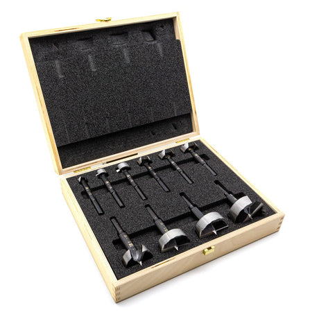 Fisch Wave Cutter Forstner Bits Set of 10 Metric in action on wood slab, showcasing unique wavey peripheral cutting-edge