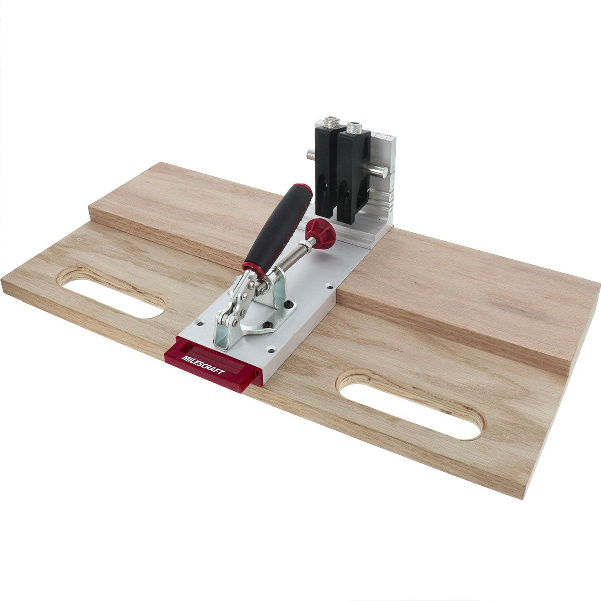 Milescraft Pocket Jig 400 in use, showcasing precise hole drilling and adjustable features